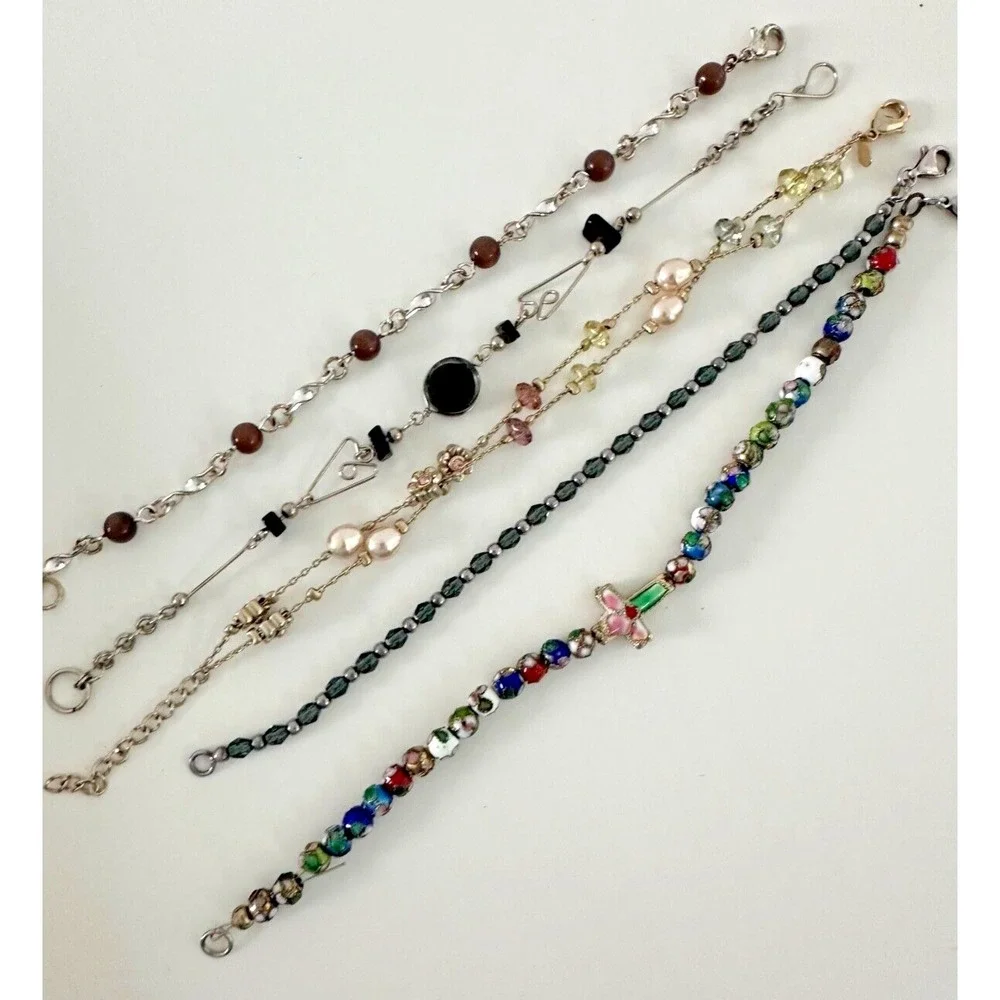 Beaded Bracelet Lot 5 Pink Black Grey Floral Cross 7-8